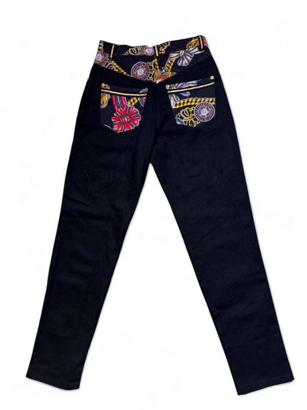 Vintage 90s Black Jeans with Gold, Red, Blue Printed Accents